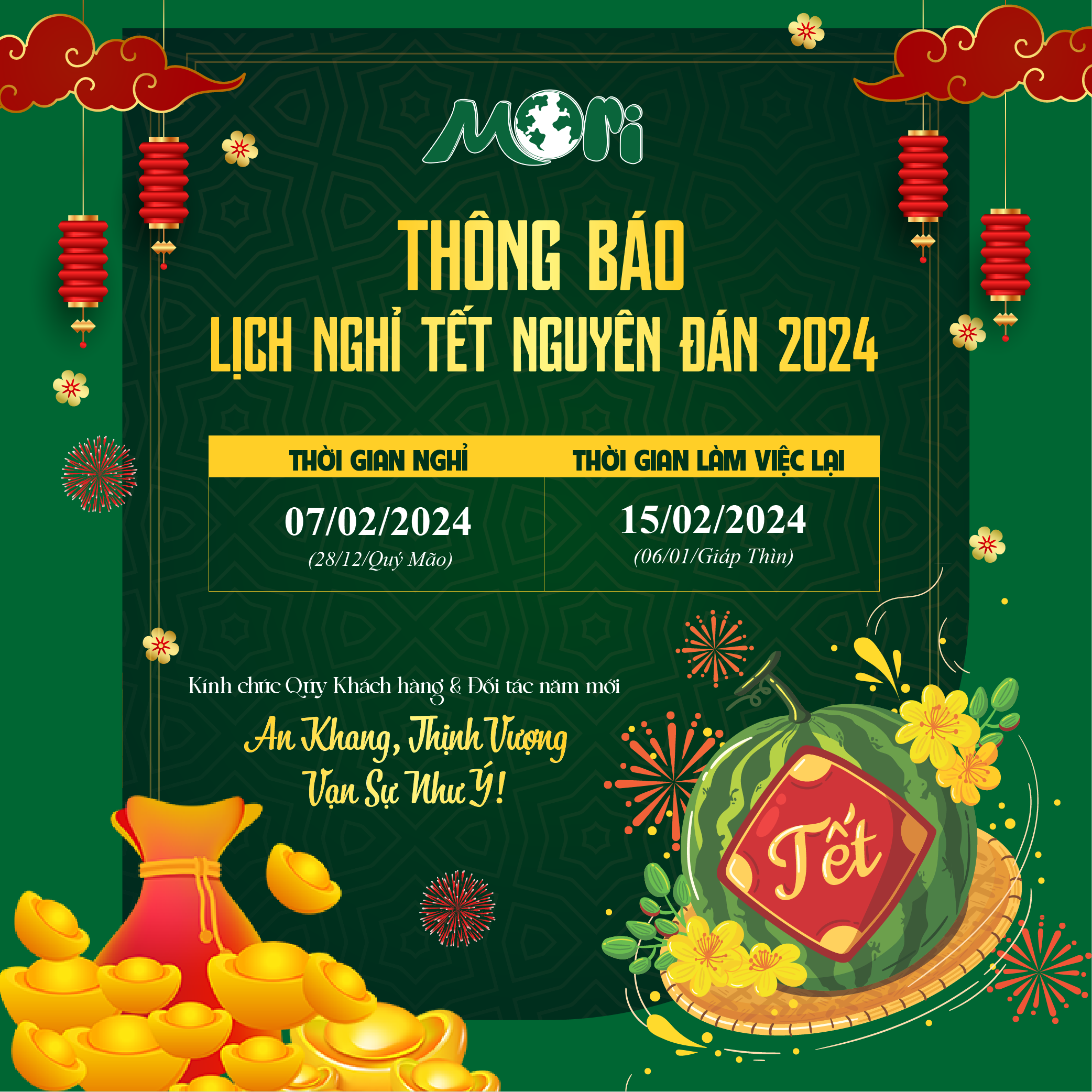 THÔNG BÁO LỊCH NGHỈ TẾT NGUYÊN ĐÁN, XUÂN GIÁP THÌN 2024